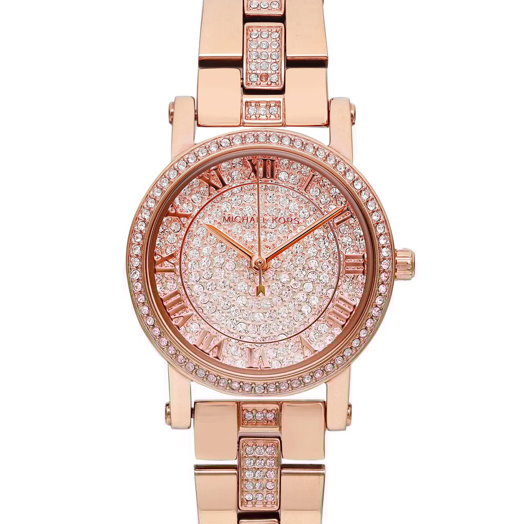 An image of a Wristwatch by Michael Kors. This Display Model item is designed for Women, featuring a Dress/Formal style. It has a Quartz movement and an Analog display with a Rose dial color. The indices include Roman Numerals. The band is made of Stainless Steel and the case is made of Stainless Steel. The watch has a Round shape with a case size of 28 mm and a case thickness of 9 mm.