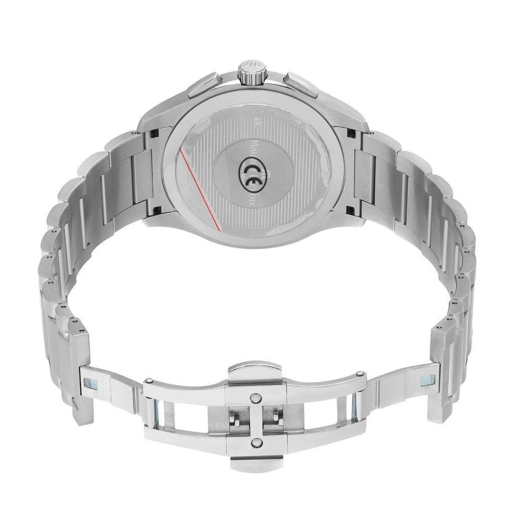 Back View Of Solid Back Case And Open Stainless Steel Band Of Maurice Lacroix MI1028-SS002-130 Watch Unworn Condition