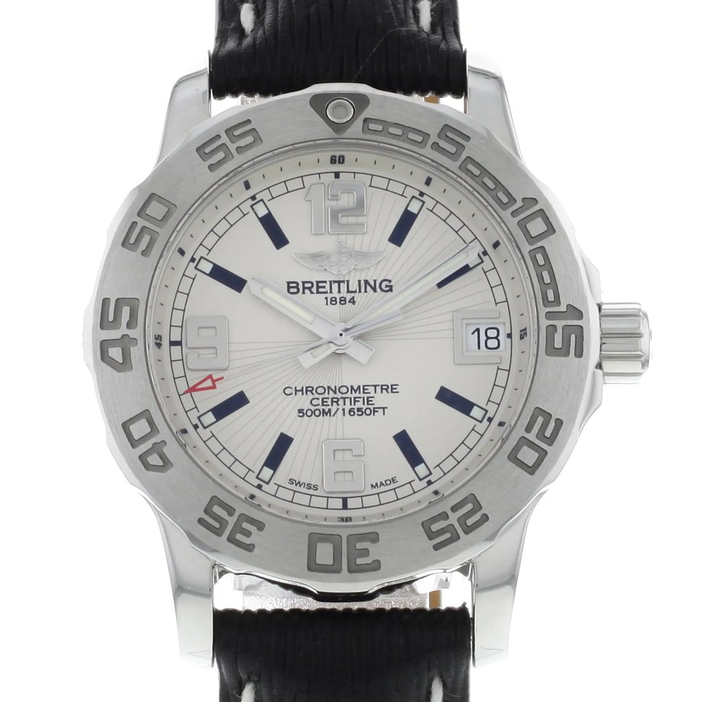 Up Close Front Facing Picture Of Breitling A77387-351 Stainless Steel Watch Display Model Condition