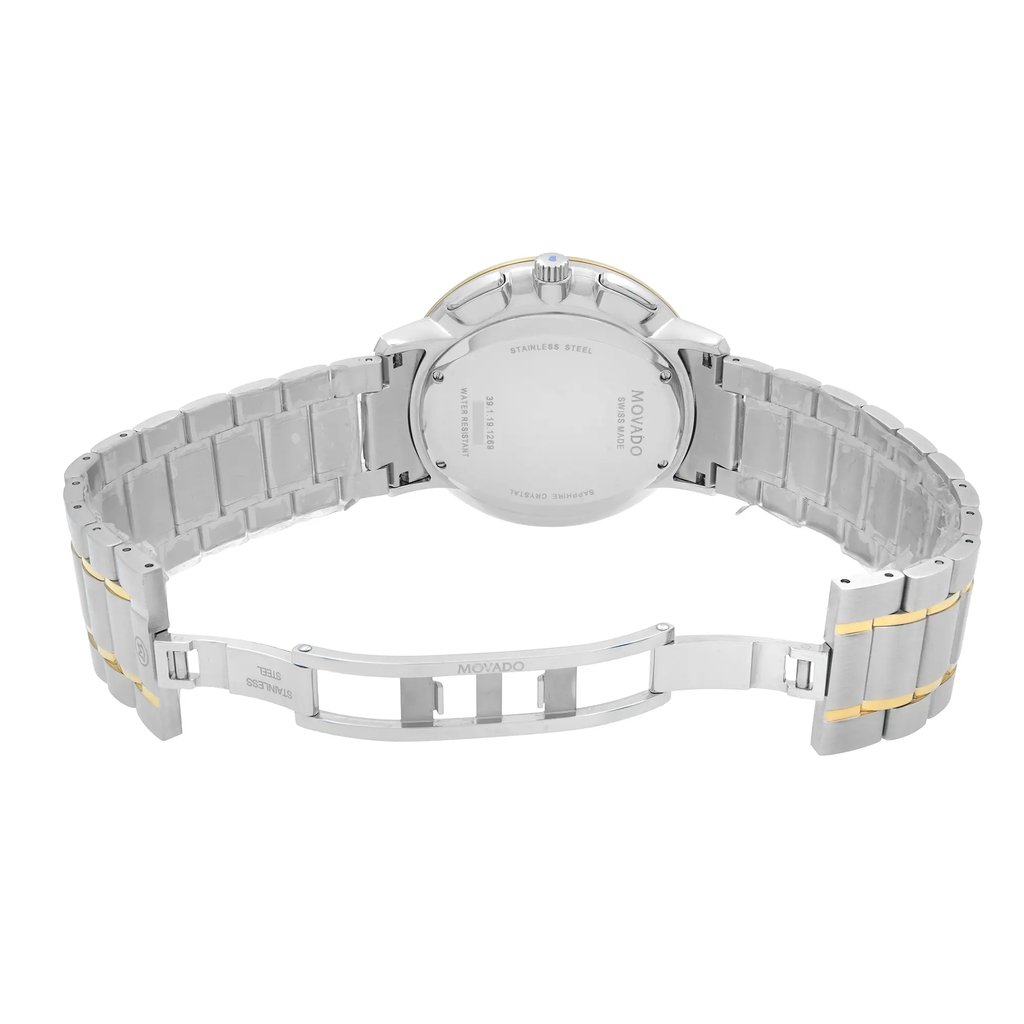 An image of a wristwatch showing the back view with an open clasp. The watch is positioned upright, highlighting its stainless steel band and the back of the watch face. The angle is straight-on from a moderate distance, clearly displaying the clasp mechanism. The condition is noted as new with defects.