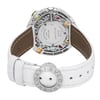 An image of a pre-owned Bvlgari women's wristwatch, positioned upright with a focus on the back of the watch. The angle is slightly elevated, showcasing the intricate details of the watch's back casing, including colorful embellishments around the perimeter. The white leather strap is prominently displayed, with the Bvlgari logo visible on the buckle. The watch is shown from a close distance, highlighting its condition and craftsmanship.