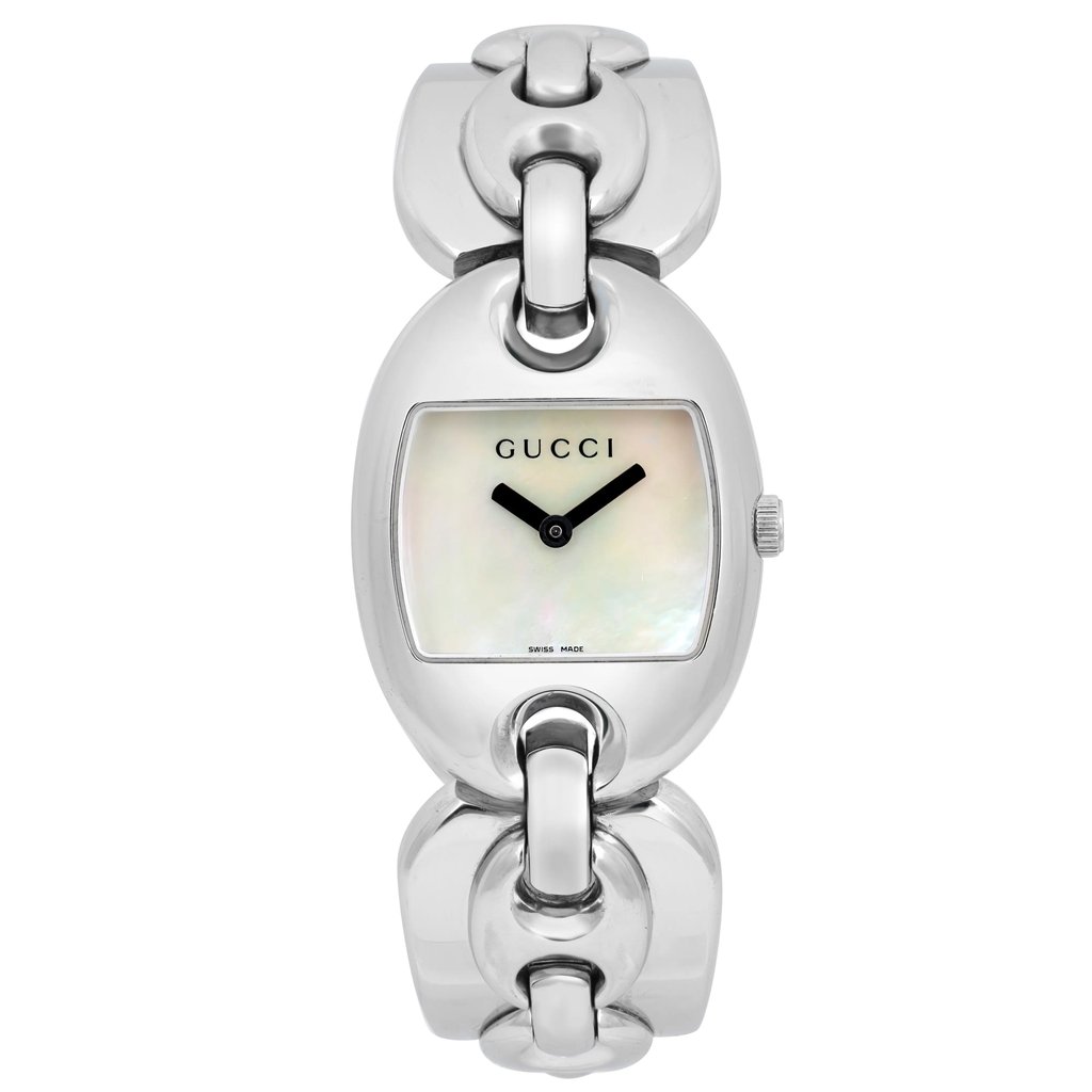 An image of a pre-owned women's Gucci  121 Marina Chain Stainless Steel 26MM Quartz wristwatch positioned vertically and centered. The watch is viewed from the front at a close distance, showcasing its silver-tone, oval-shaped case. The dial features a mother-of-pearl face with black hour and minute hands, along with the "Gucci" logo at the top. The bracelet consists of large, polished links, adding to its elegant design.