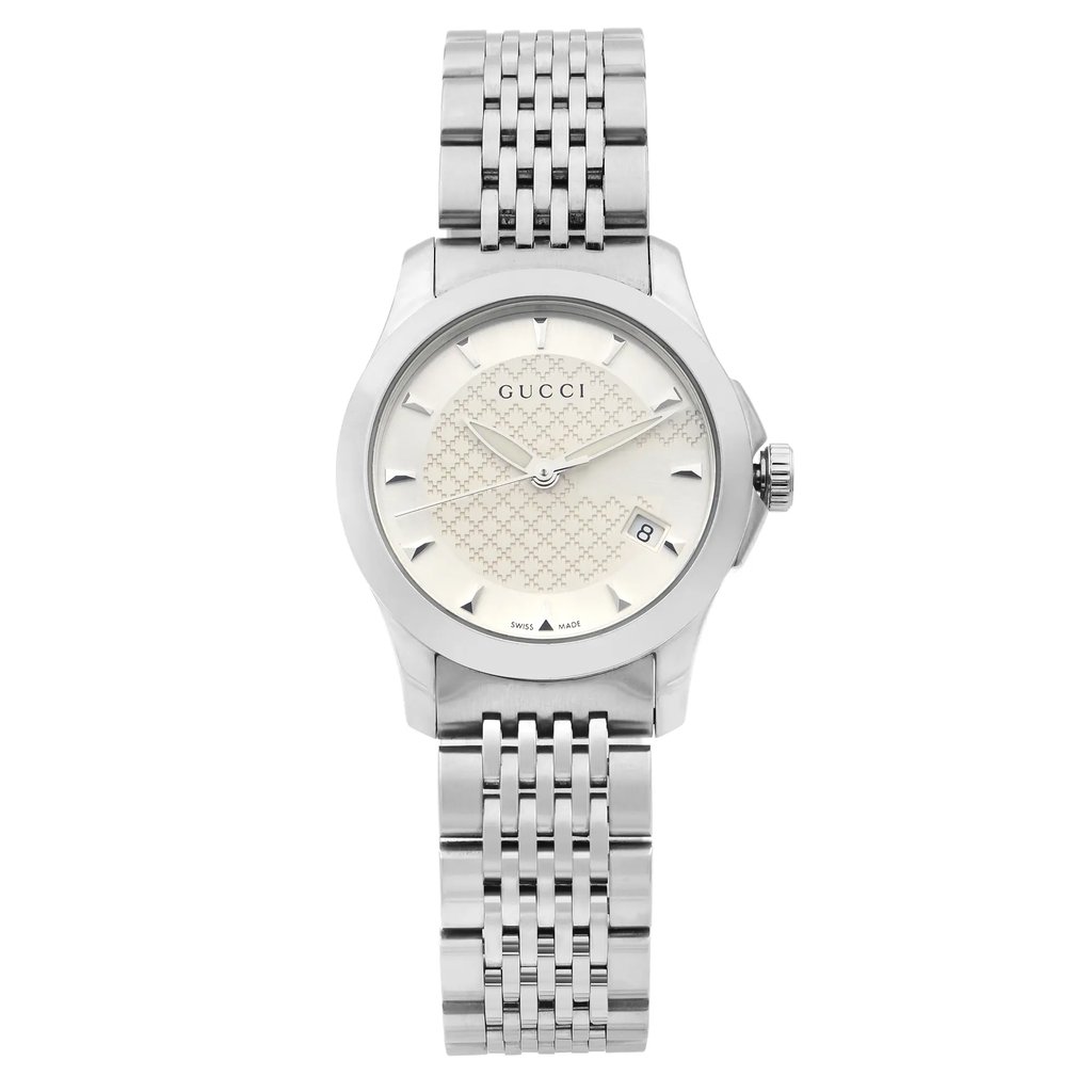 An image of a Wristwatch by Gucci. This Pre Owned item is designed for Women, featuring a Dress/Formal style. It has a Quartz movement and an Analog display with a Silver dial color. The indices include Non-Numeric Hour Marks,Stick Indexes. The band is made of Stainless Steel and the case is made of Stainless Steel. The watch has a Round shape with a case size of 27 mm and a case thickness of 7 mm.