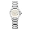 An image of a Wristwatch by Gucci. This Pre Owned item is designed for Women, featuring a Dress/Formal style. It has a Quartz movement and an Analog display with a Silver dial color. The indices include Non-Numeric Hour Marks,Stick Indexes. The band is made of Stainless Steel and the case is made of Stainless Steel. The watch has a Round shape with a case size of 27 mm and a case thickness of 7 mm.