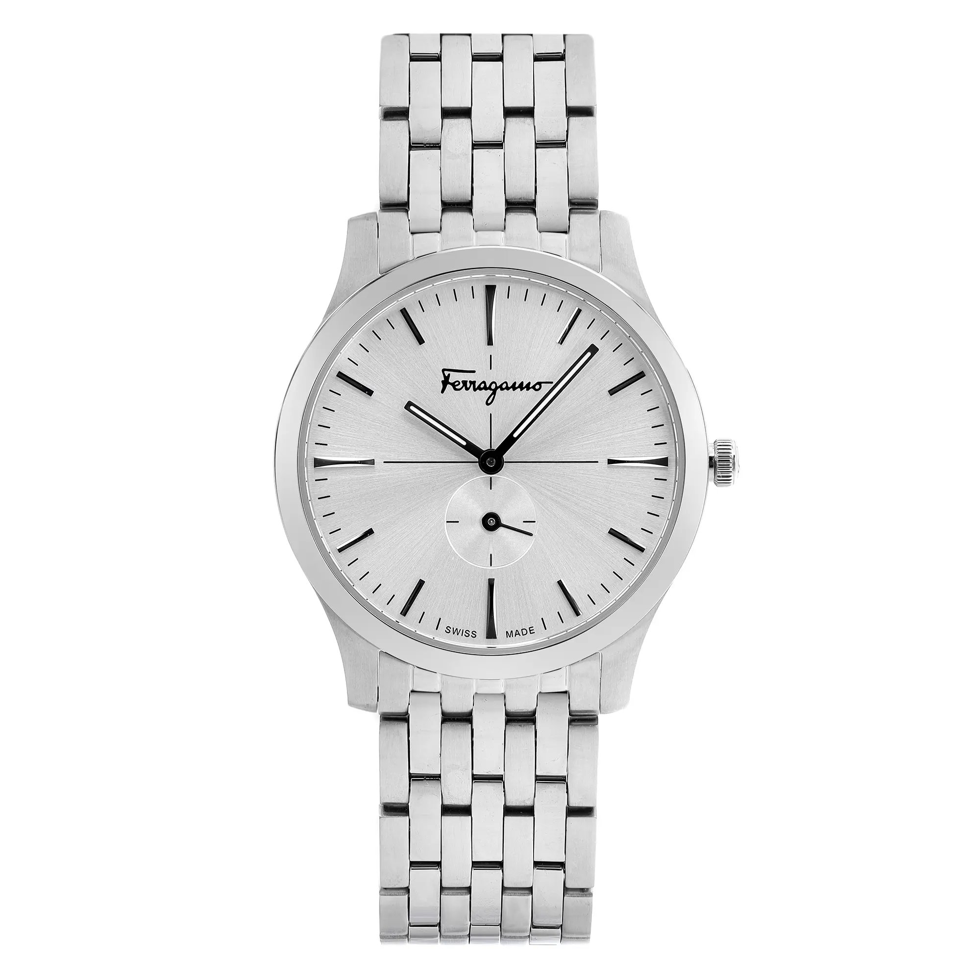 Front Full View Of Salvator Ferragamo SFDF00618 Stainless Steel Watch Unworn Condition Excellent