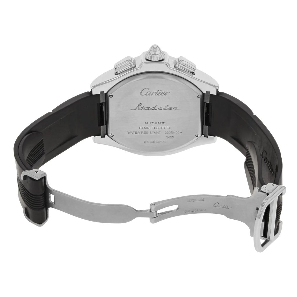 An image of a pre-owned wristwatch focusing on the back view with the clasp open. The watch is positioned centrally, displaying its stainless steel backplate with engraved details. The angle captures the curvature of the black strap and the metal clasp from a close distance, highlighting the watch’s craftsmanship and design features.