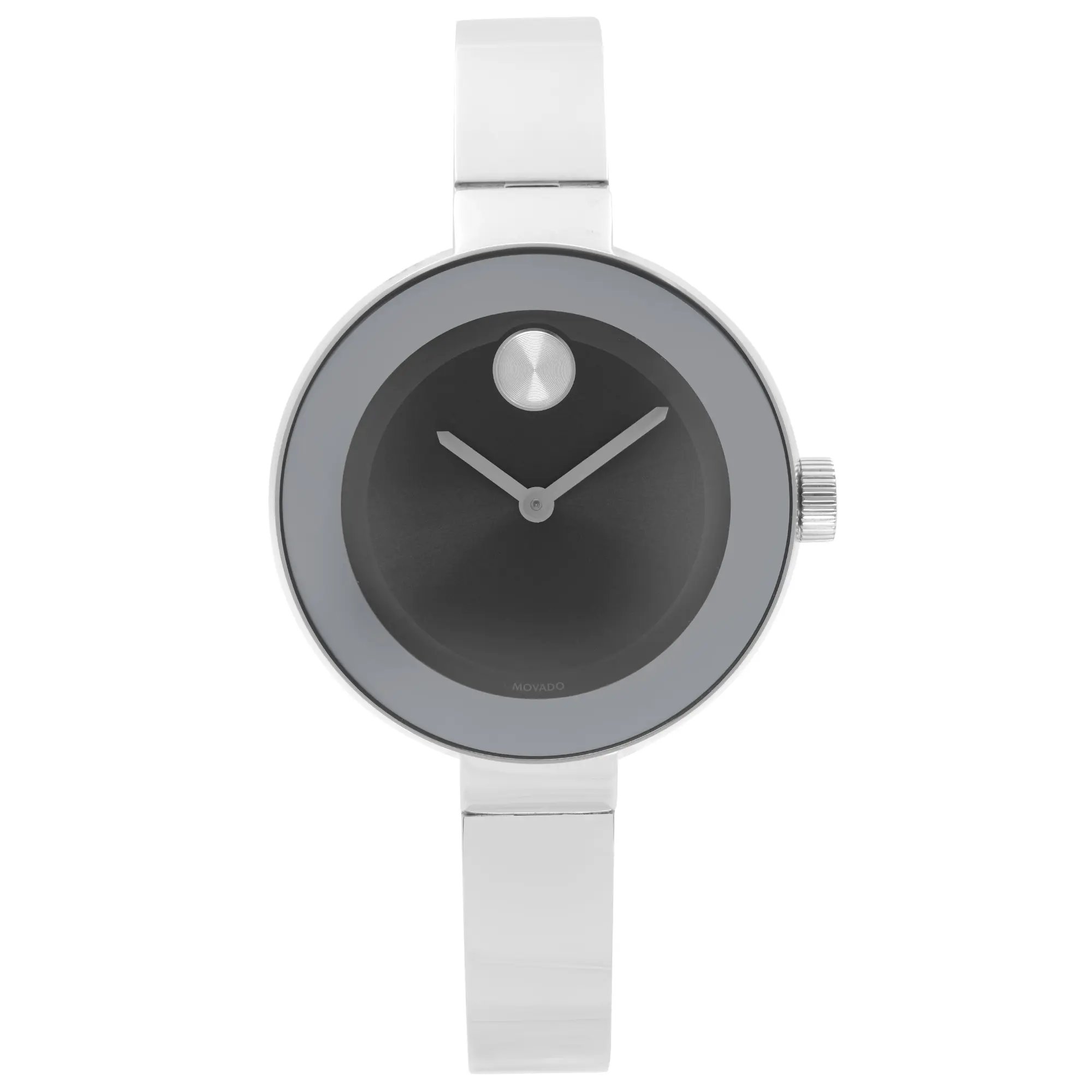 An image of a Wristwatch by Movado. This Display Model item is designed for Women, featuring a Dress/Formal style. It has a Quartz movement and an Analog display with a Black dial color. The indices include No Hour Marks. The band is made of Stainless Steel and the case is made of Stainless Steel. The watch has a Round shape with a case size of 33 mm and a case thickness of 9 mm.