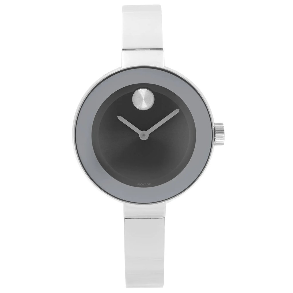 An image of a Wristwatch by Movado. This Display Model item is designed for Women, featuring a Dress/Formal style. It has a Quartz movement and an Analog display with a Black dial color. The indices include No Hour Marks. The band is made of Stainless Steel and the case is made of Stainless Steel. The watch has a Round shape with a case size of 33 mm and a case thickness of 9 mm.