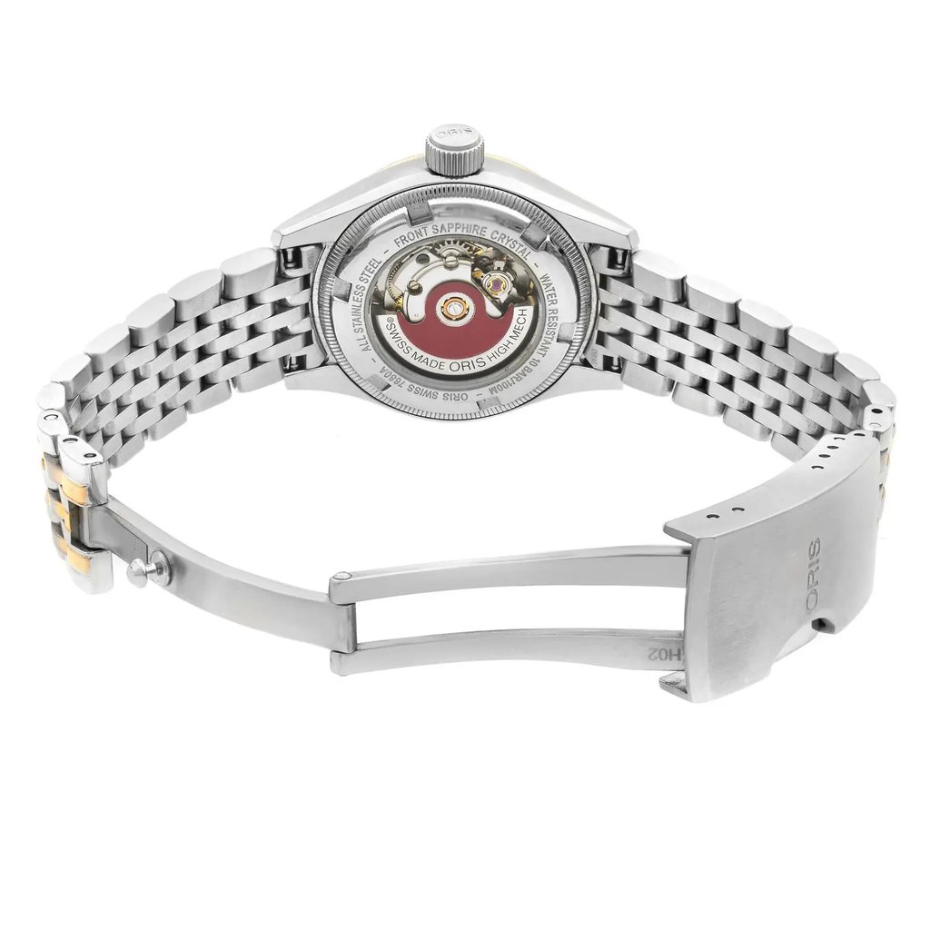 Back View Of Exhibition Back Case And Open Stainless Steel Band Of Oris 01 594 7680 4334-07 8 14 32 Watch Pre Owned Condition