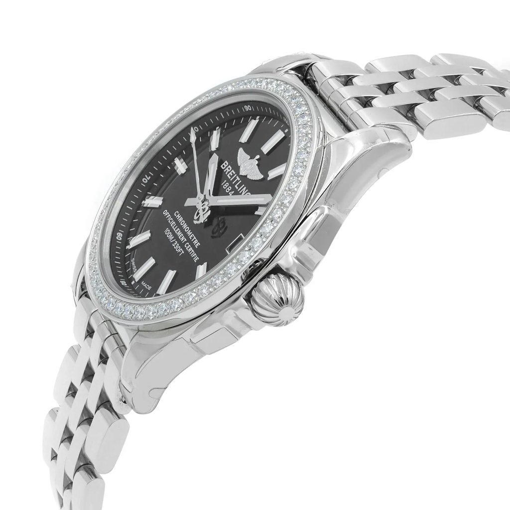View Of Crown Facing Side Of Breitling A7433053/BE08-376A Stainless Steel Watch Display Model Condition