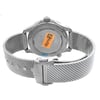 An image of a men's OMEGA wristwatch, displaying the back view with the clasp closed. The watch is a display model with a titanium case and band, showcasing a solid caseback and a round shape. The titanium band features a fold-over clasp with double push buttons. The watch is positioned upright at a perpendicular angle to the camera, providing a clear view of the caseback and band details. The image is taken from a close distance, ensuring all intricate details are visible.