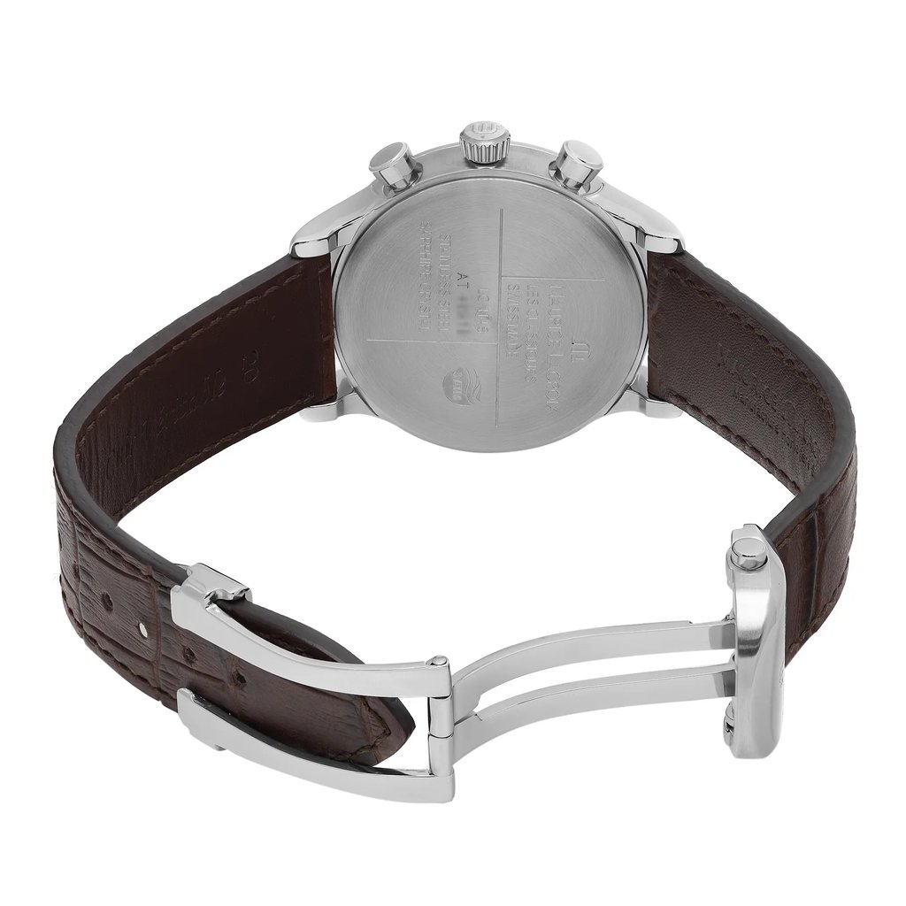 Back View Of Solid Back Case And Open Leather Band Of Maurice Lacroix LC1148-SS001-132 Watch Display Model Condition