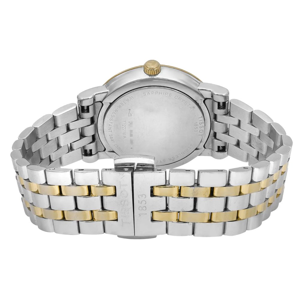 Back View Of Snap Back Case And Closed Stainless Steel Band Of Tissot T1222102203300 Watch Pre Owned Condition