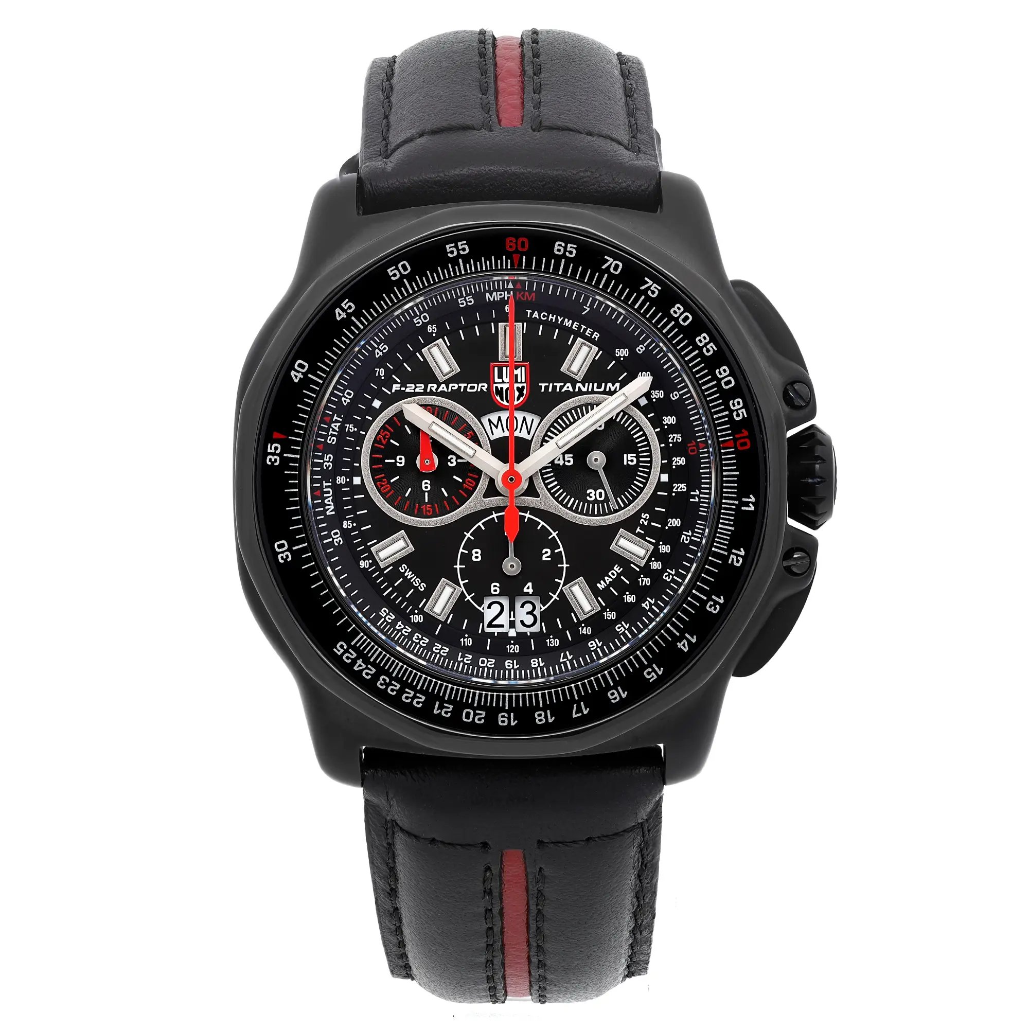 An image of a Wristwatch by Luminox. This New With Defects item is designed for Men, featuring a Sport style. It has a Quartz movement and an Analog display with a Black dial color. The indices include 12-Hour Dial,Multi Dial,Non-Numeric Hour Marks,Stick Indexes. The band is made of Leather and the case is made of Titanium. The watch has a Round shape with a case size of 44 mm and a case thickness of 14 mm.