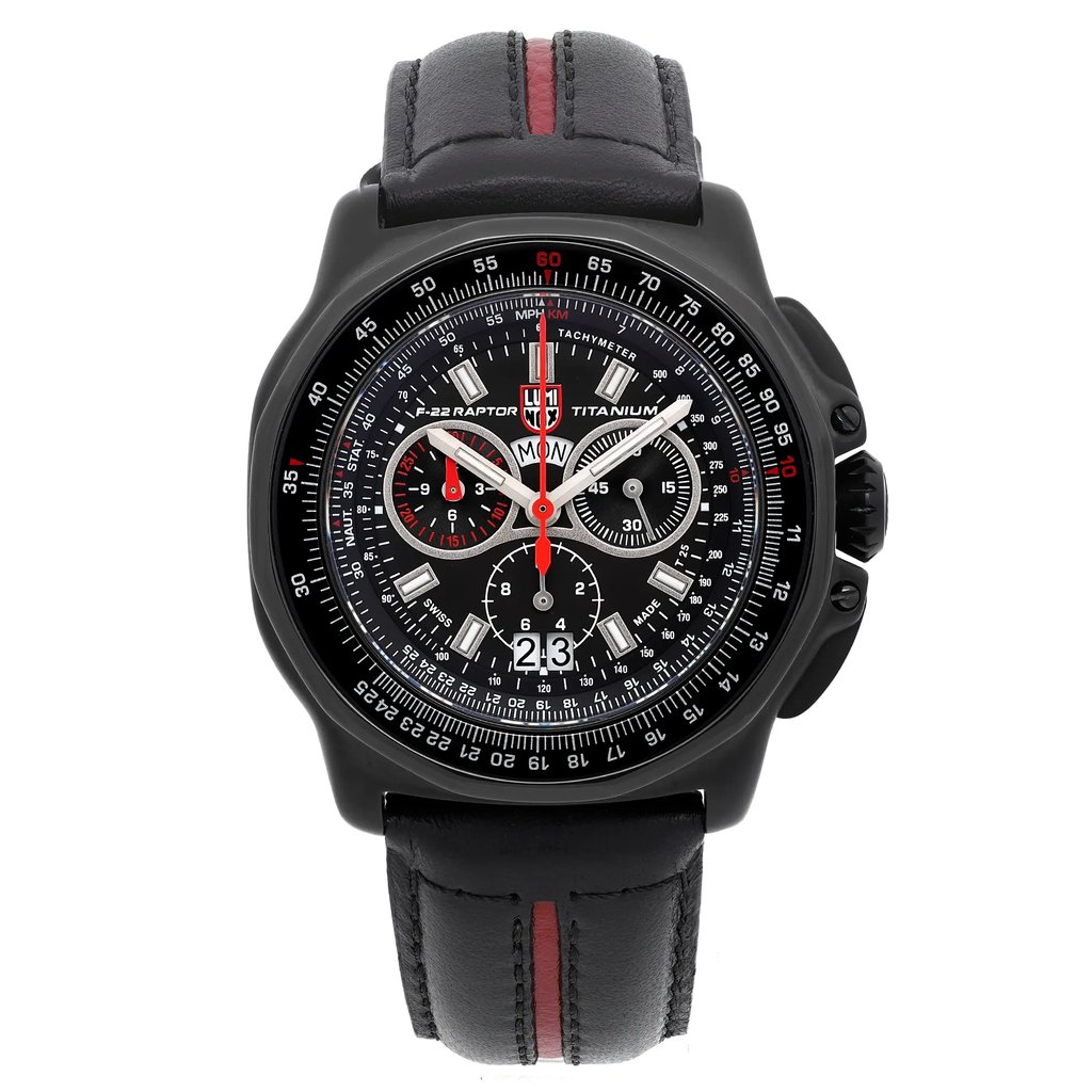 An image of a Wristwatch by Luminox. This New With Defects item is designed for Men, featuring a Sport style. It has a Quartz movement and an Analog display with a Black dial color. The indices include 12-Hour Dial,Multi Dial,Non-Numeric Hour Marks,Stick Indexes. The band is made of Leather and the case is made of Titanium. The watch has a Round shape with a case size of 44 mm and a case thickness of 14 mm.
