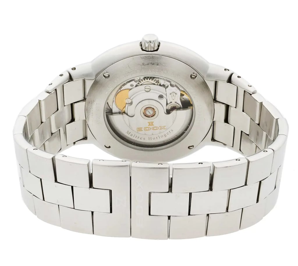 Back View Of Exhibition Back Case And Closed Stainless Steel Band Of Edox 83001 Watch Pre Owned Condition