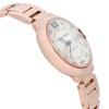 An image of a pre-owned Cartier wristwatch for women, viewed from the side opposite the crown. The watch features a round shape with a silver dial, Diamond hour markers from 1 to 11 and a roman numeral hour marker at the 12 position.The bezel and band made of rose gold. The luxury style is evident in the watch's elegant design, with a close-up angle showcasing the fine details and craftsmanship of the timepiece.