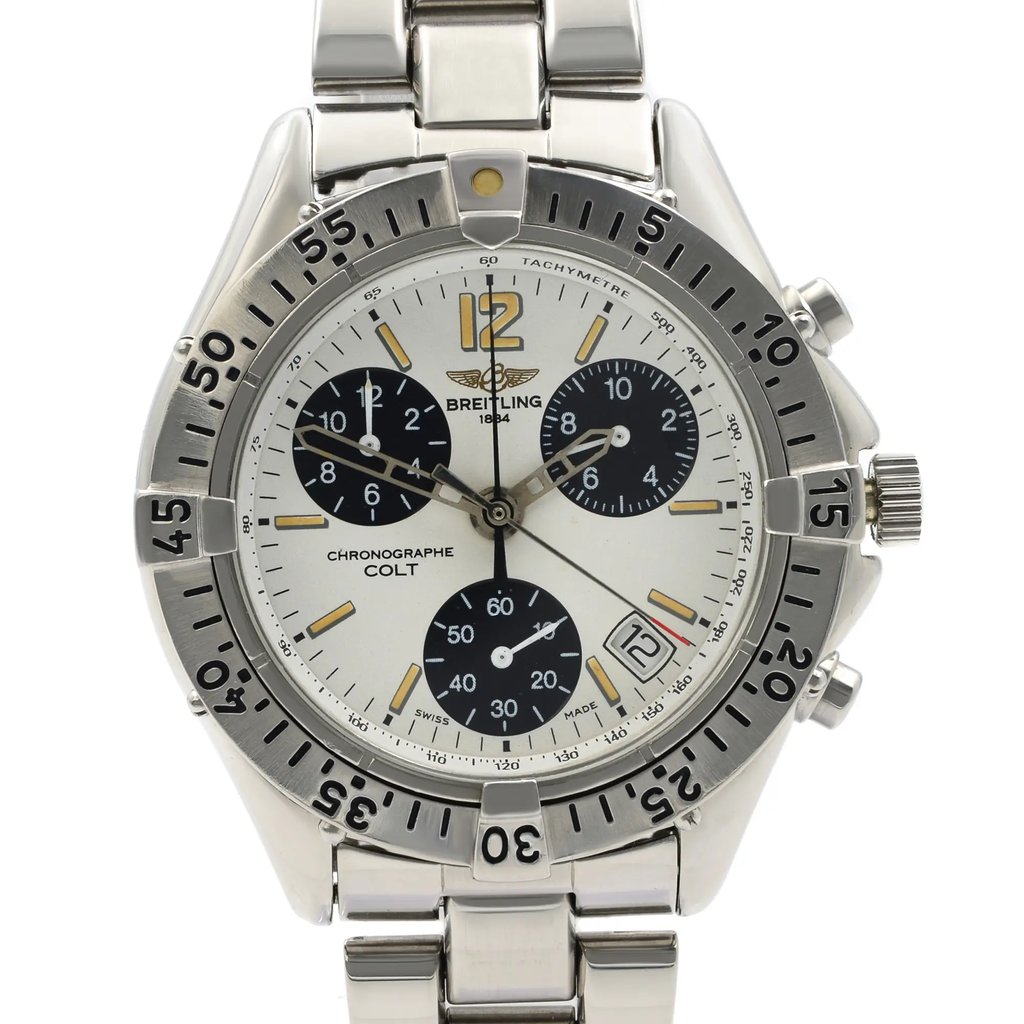 Up Close Front Facing Picture Of Breitling A53035 Stainless Steel Watch Pre Owned Condition