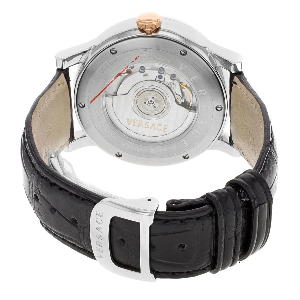 Back View Of Exhibition Back Case And Closed Leather Band Of Versace 18A99OD009 S009 Watch Unworn Condition