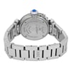 An image of a pre-owned women's Cartier wristwatch viewed from the back. The watch is positioned at a slight angle, showing the stainless steel case back and part of the bracelet. The watch is placed at a moderate distance, allowing a clear view of the engraved details on the back, including the brand name and specifications. The bracelet is partially visible, highlighting its polished links and the deployment clasp.