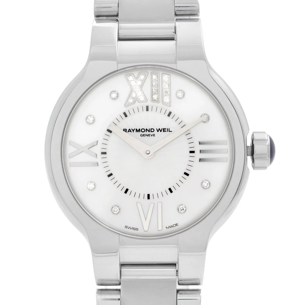An image of a front close-up view of an unworn RAYMOND WEIL women's wristwatch. The watch is positioned centrally with the camera angle directly facing the dial, ensuring the face of the watch is fully visible. The dial is white with Roman numeral hour markers at the 12, 3, 6, and 9 o'clock positions, and diamond studs as markers for the remaining hours. It features a stainless steel band and case, with a round shape and a dress/formal style. The brand name "RAYMOND WEIL GENEVE" is printed on the dial, and "SWISS MADE" is indicated at the bottom. The image is taken at a close distance to highlight the watch details.