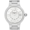 An image of a front close-up view of an unworn RAYMOND WEIL women's wristwatch. The watch is positioned centrally with the camera angle directly facing the dial, ensuring the face of the watch is fully visible. The dial is white with Roman numeral hour markers at the 12, 3, 6, and 9 o'clock positions, and diamond studs as markers for the remaining hours. It features a stainless steel band and case, with a round shape and a dress/formal style. The brand name "RAYMOND WEIL GENEVE" is printed on the dial, and "SWISS MADE" is indicated at the bottom. The image is taken at a close distance to highlight the watch details.