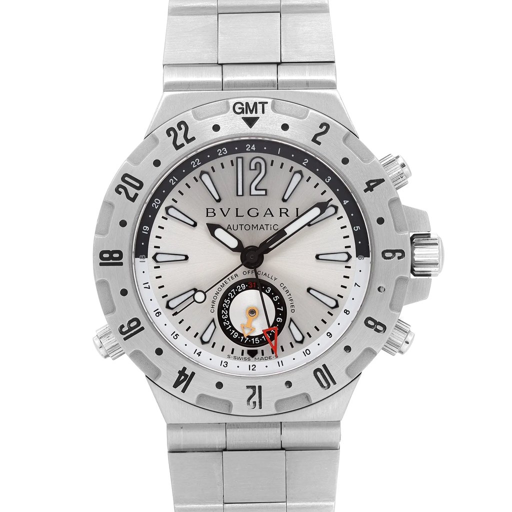 An image of a Wristwatch by Bvlgari. This Pre Owned item is designed for Men, featuring a Casual style. It has a Mechanical (Automatic) movement and an Analog display with a Silver dial color. The indices include 12-Hour Dial,Arrow Markers. The band is made of Stainless Steel and the case is made of Stainless Steel. The watch has a Round shape with a case size of 40 mm and a case thickness of 12 mm.