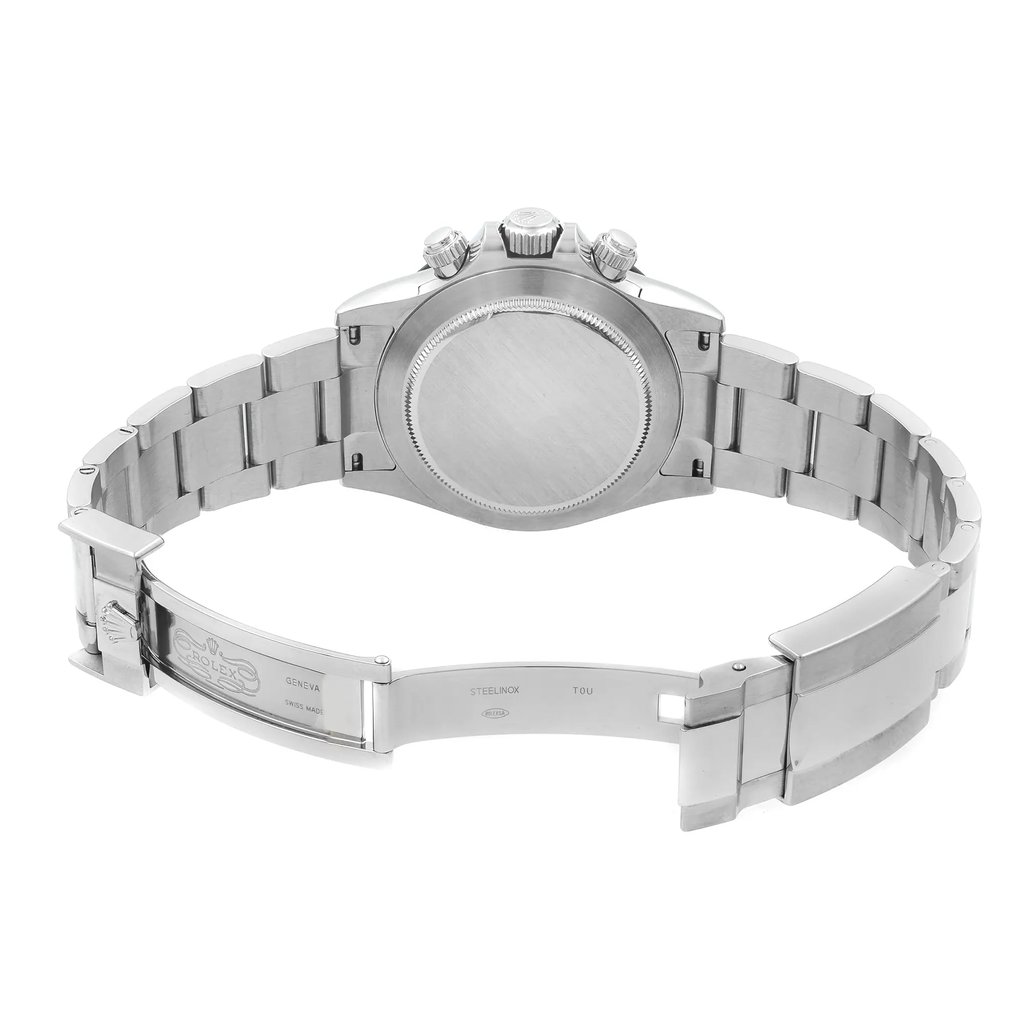 Back View Of Screwback Back Case And Open Stainless Steel Band Of Rolex 116500LN w Watch Pre Owned Condition