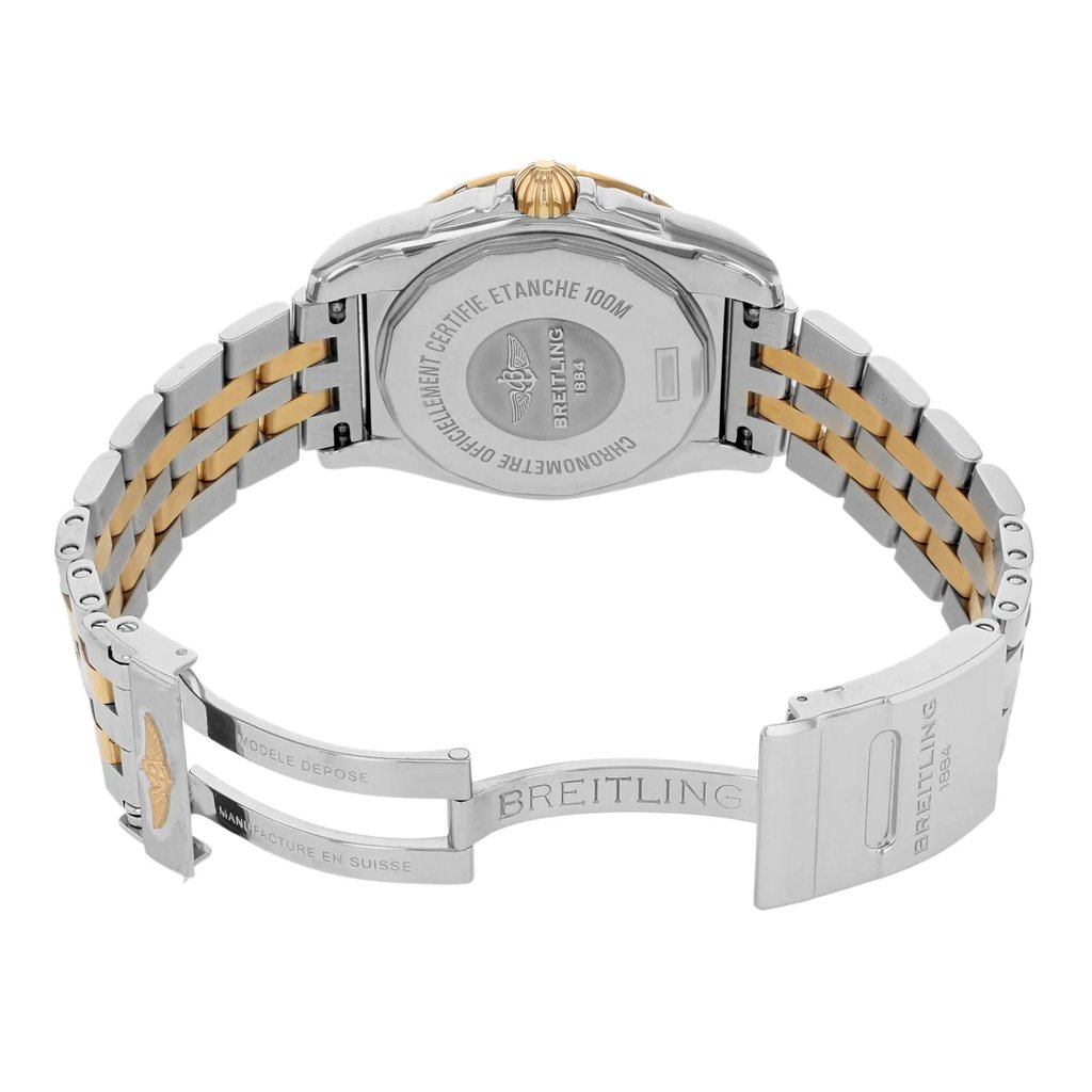 Back View Of {Caseback} Back Case And Open Stainless and Solid Gold Band Of Breitling C3733012-C831-TT Watch Display Model Condition