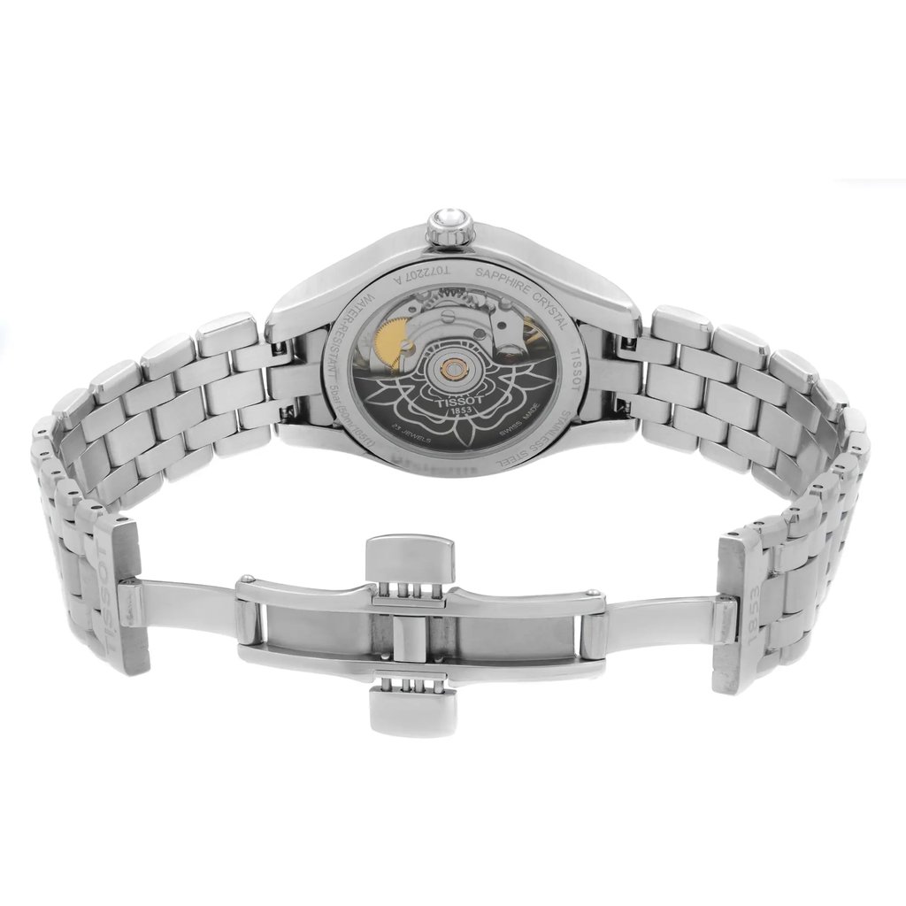 Back View Of Screwback Back Case And Open Stainless Steel Band Of Tissot T072.207.11.118.00 Watch Display Model Condition