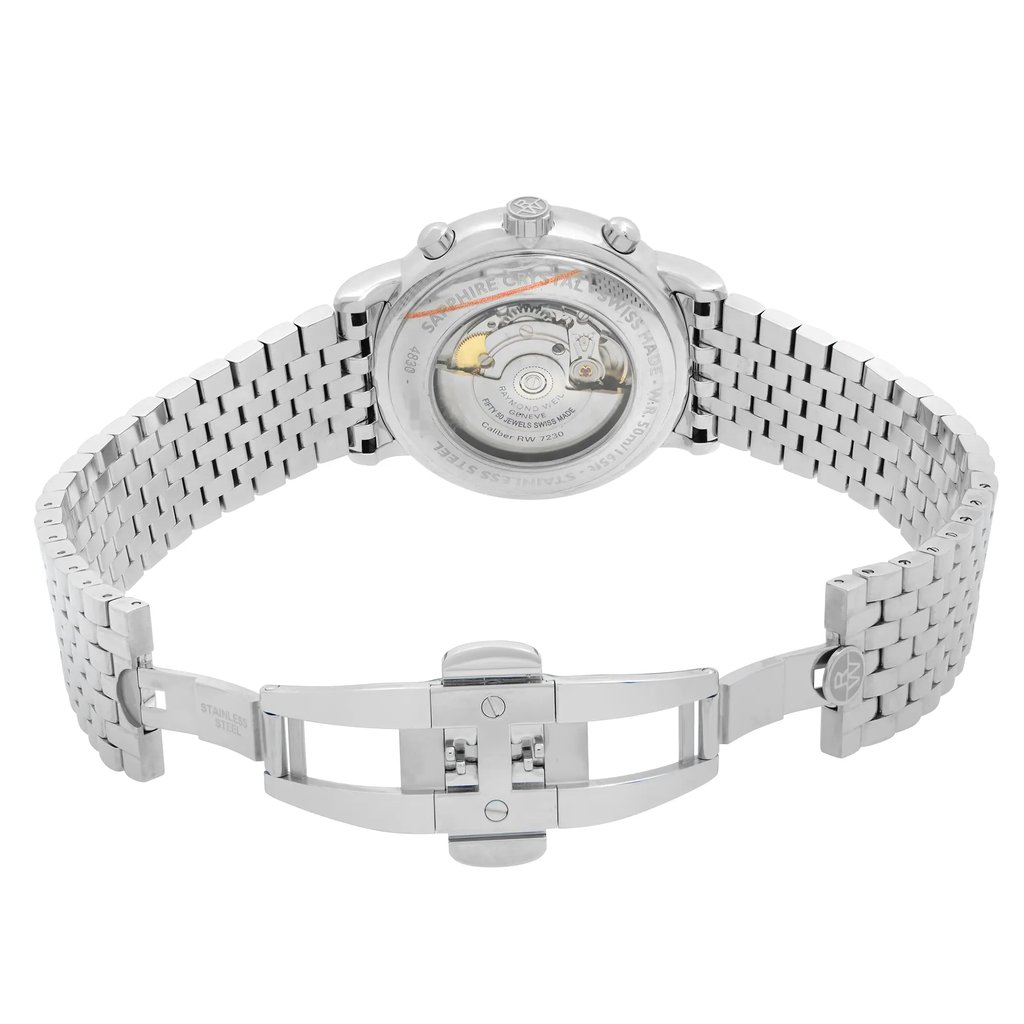 Back View Of Exhibition Back Case And Open Stainless Steel Band Of RAYMOND WEIL 4830-ST-05659 Watch New Condition