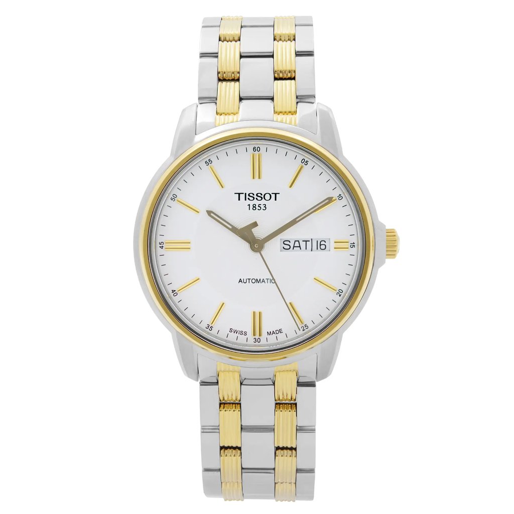 An image of a Wristwatch by Tissot. This Display Model item is designed for Men, featuring a Dress/Formal style. It has a Mechanical (Automatic) movement and an Analog display with a White dial color. The indices include 12-Hour Dial,Stick Indexes. The band is made of Stainless Steel and the case is made of Stainless Steel. The watch has a Round shape with a case size of 39 mm and a case thickness of 10 mm.