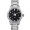 An image of a wristwatch taken from a front close-up angle, showcasing the watch face in detail. The watch features a black dial with silver hour markers and hands, a date window, and a silver stainless steel bracelet. The condition appears unworn, highlighting its pristine finish.