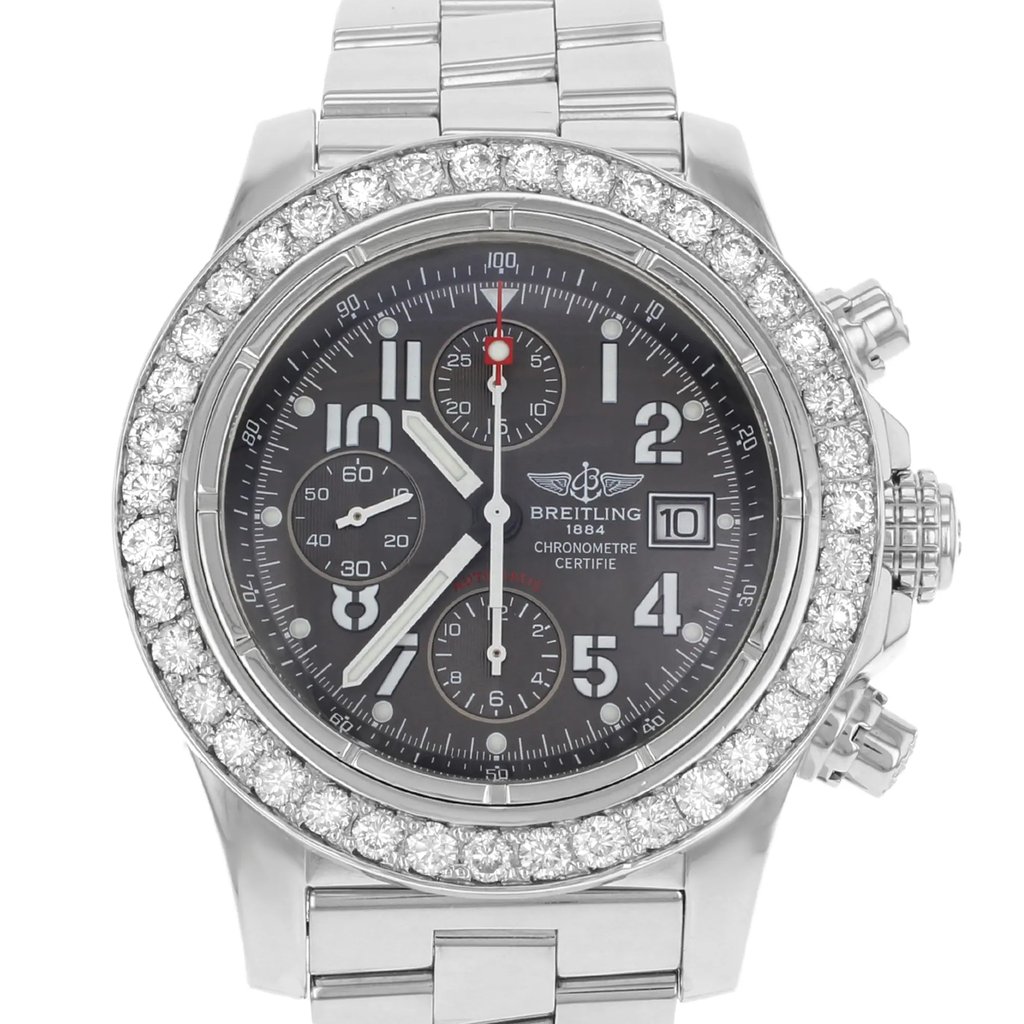 Up Close Front Facing Picture Of Breitling A13380 Stainless Steel Watch Pre Owned Condition