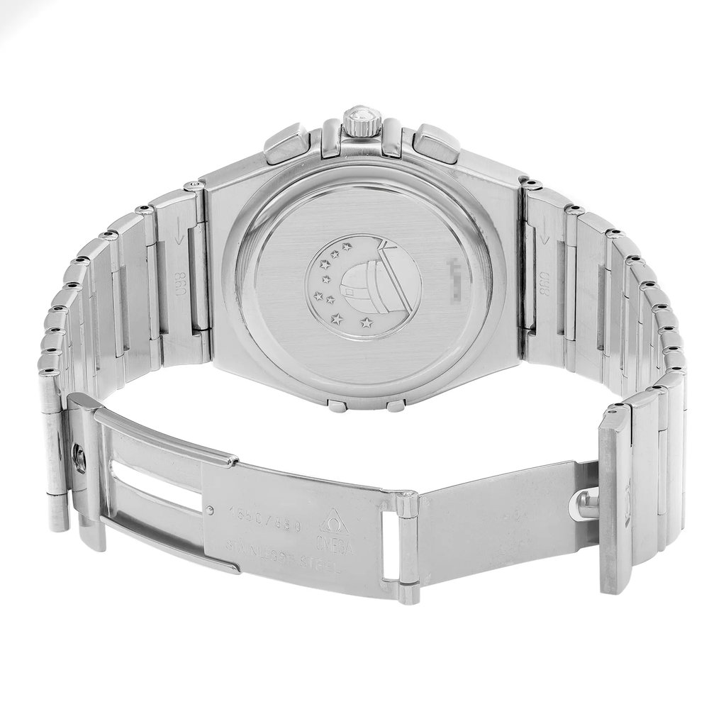 Back View Of Solid Back Case And Open Stainless Steel Band Of OMEGA 154.23.00 Watch Pre Owned Condition