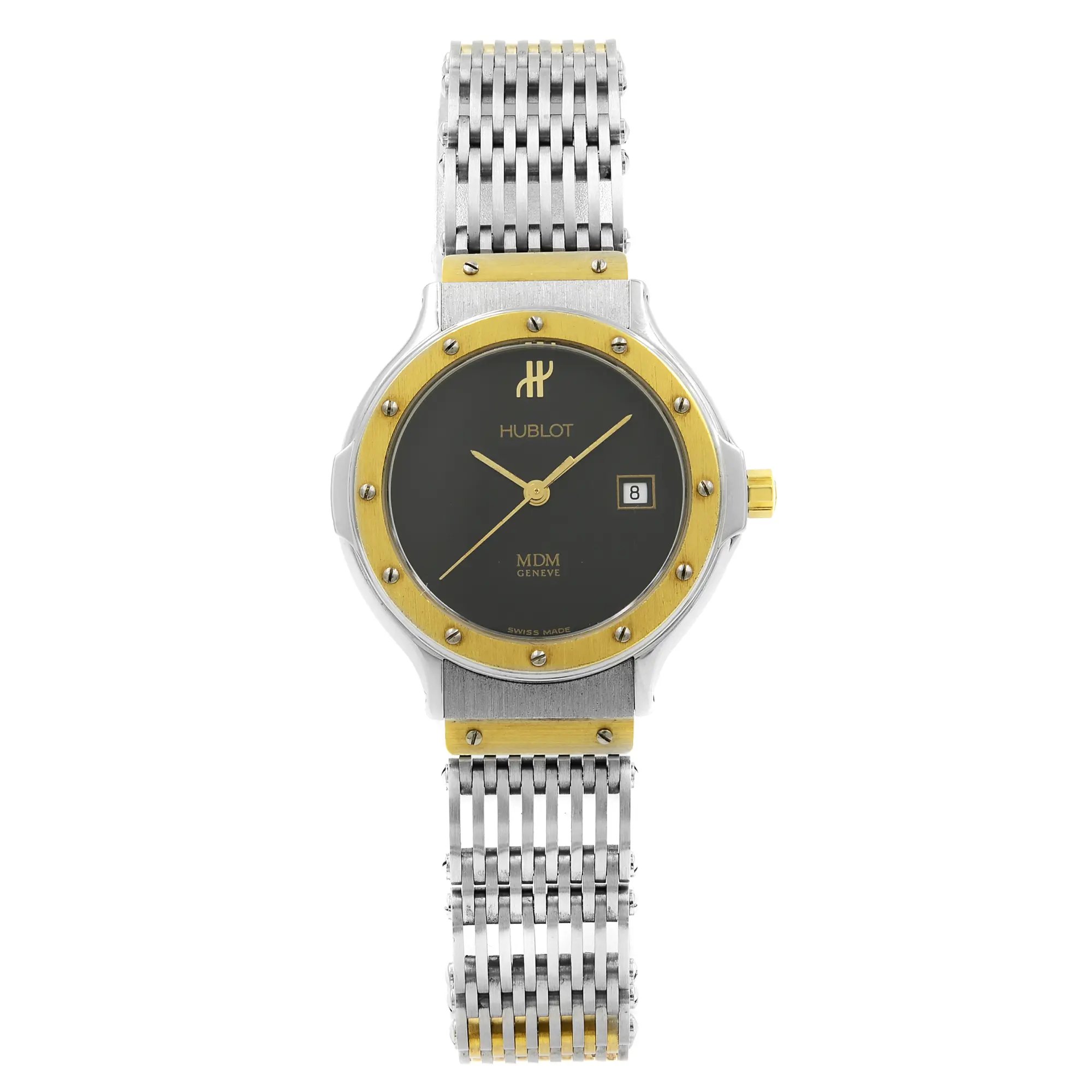An image of a Wristwatch by Hublot. This Pre Owned item is designed for Women, featuring a Dress/Formal,Luxury style. It has a Quartz movement and an Analog display with a Black dial color. The indices include No Hour Marks,Seconds Hand. The band is made of Stainless and Solid Gold and the case is made of Stainless Steel. The watch has a Round shape with a case size of 25 mm and a case thickness of 7 mm.