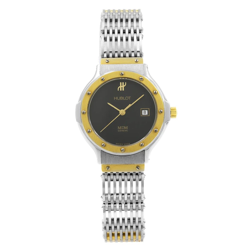 An image of a Wristwatch by Hublot. This Pre Owned item is designed for Women, featuring a Dress/Formal,Luxury style. It has a Quartz movement and an Analog display with a Black dial color. The indices include No Hour Marks,Seconds Hand. The band is made of Stainless and Solid Gold and the case is made of Stainless Steel. The watch has a Round shape with a case size of 25 mm and a case thickness of 7 mm.