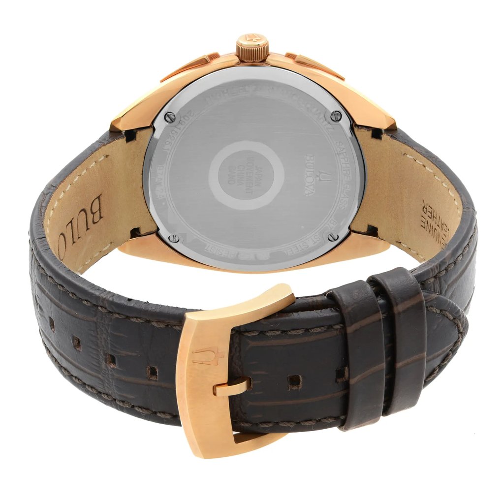 An image of a new Bulova men's wristwatch with a round stainless steel caseback and a leather band, viewed from the back. The screwback caseback is centered and visible, displaying the brand engraving, while the leather strap with a buckle closure wraps around the sides. The image is taken from a close-up angle, showcasing the closed clasp and the texture of the leather band.