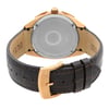 An image of a new Bulova men's wristwatch with a round stainless steel caseback and a leather band, viewed from the back. The screwback caseback is centered and visible, displaying the brand engraving, while the leather strap with a buckle closure wraps around the sides. The image is taken from a close-up angle, showcasing the closed clasp and the texture of the leather band.