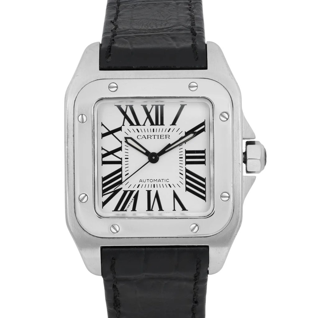 Up Close Front Facing Picture Of Cartier 2878 Stainless Steel Watch Pre Owned Condition