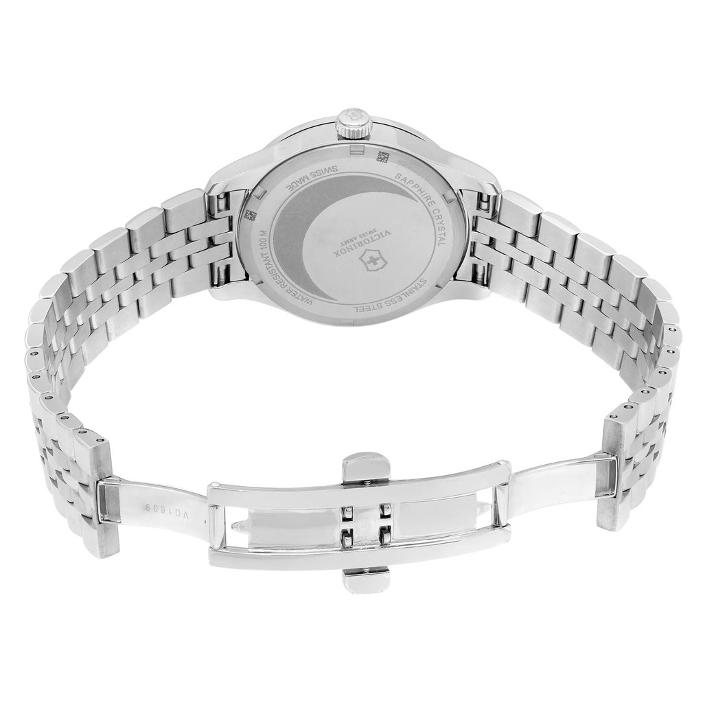 An image of a Wristwatch by Victorinox. This Display Model item is designed for Women, featuring a Casual style. It has a Quartz movement and an Analog display with a Black dial color. The indices include 12-Hour Dial,Stick Indexes. The band is made of Stainless Steel and the case is made of Stainless Steel. The watch has a Round shape with a case size of 35 mm and a case thickness of 8 mm.