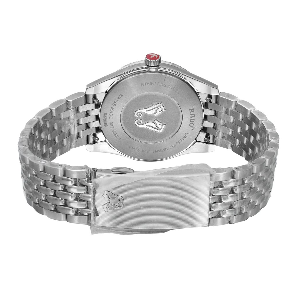 Back View Of Snap Back Case And Closed Stainless Steel Band Of Rado R33099918 Watch Unworn Condition