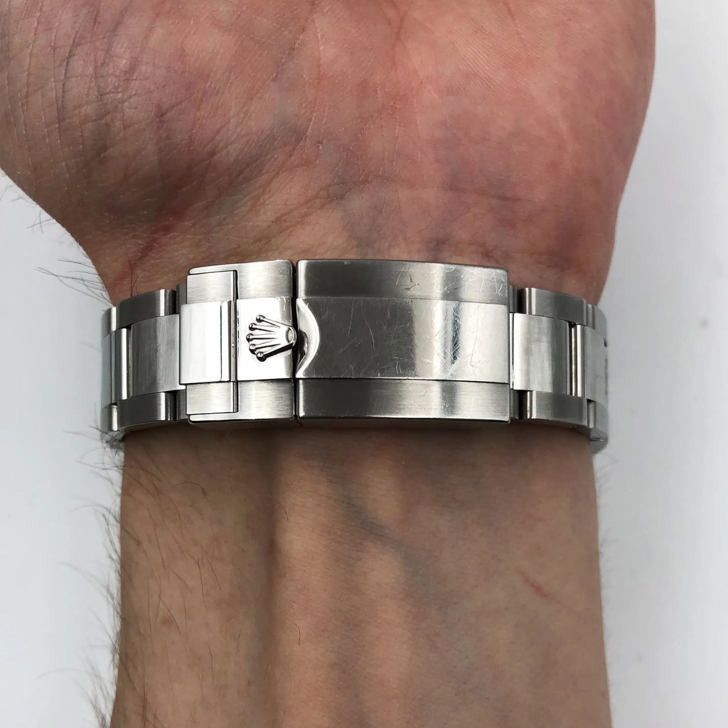 Back View Of Solid Back Case And Closed Stainless Steel Band Of Rolex 116680 Watch Pre Owned Condition