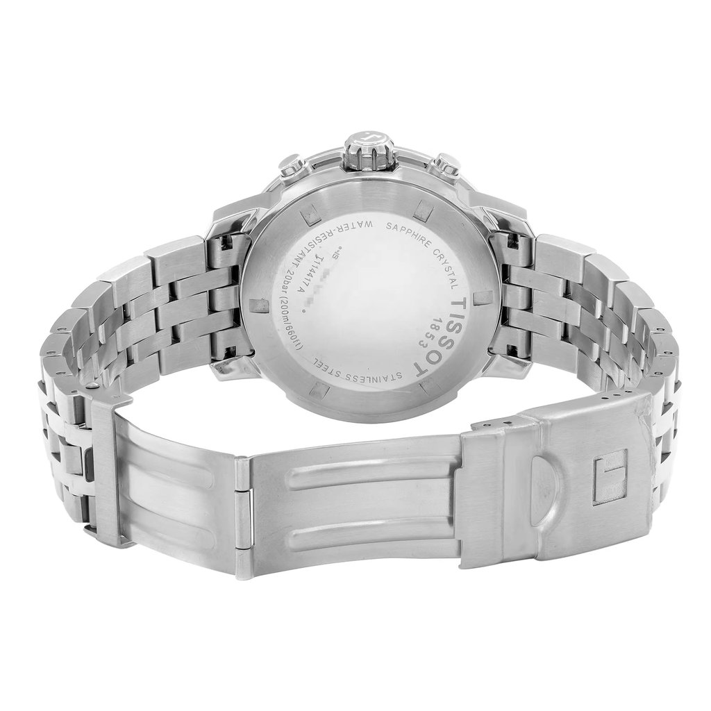 Back View Of Screwback Back Case And Open Stainless Steel Band Of Tissot T114.417.11.047.00 Watch Pre Owned Condition