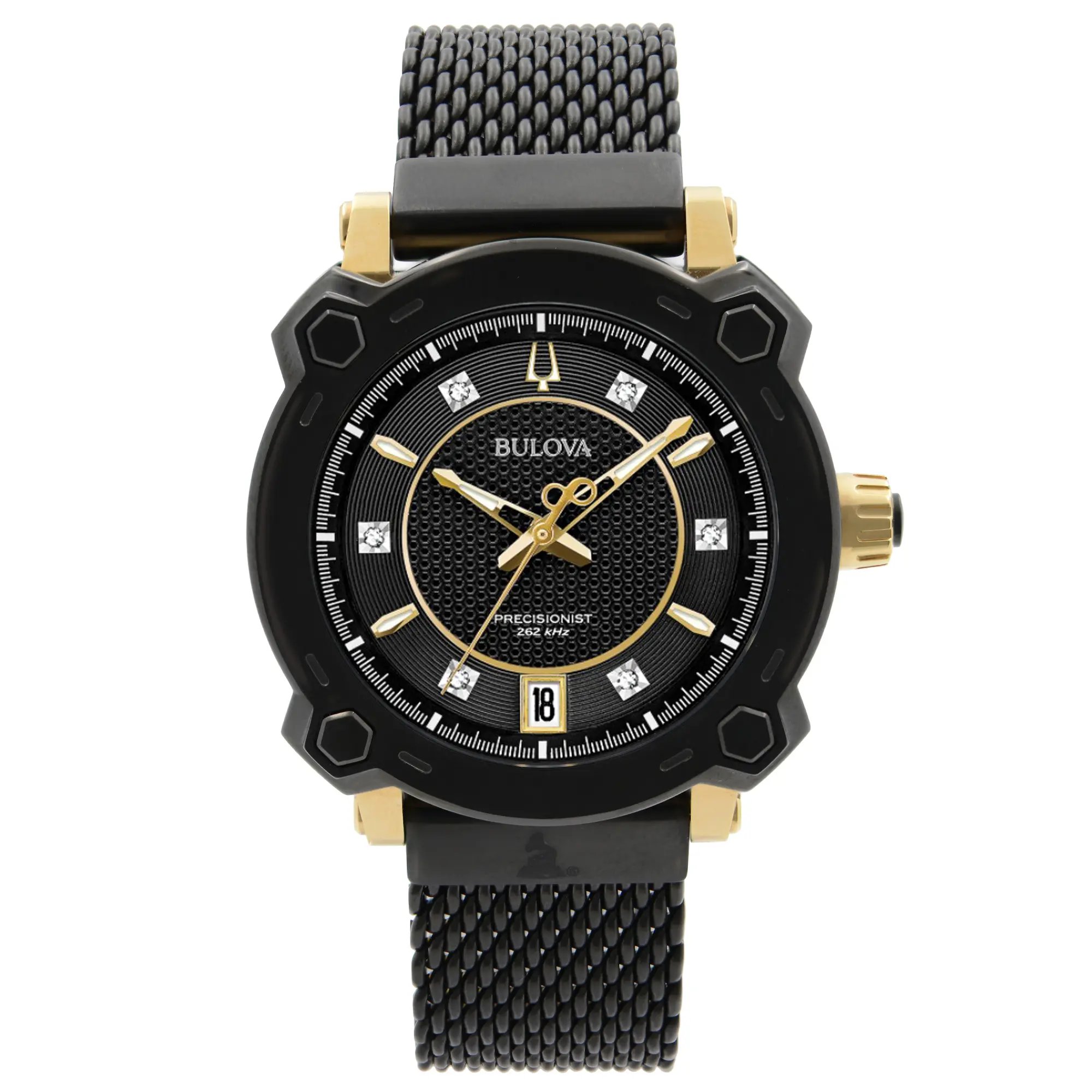 An image of a Bulova women's wristwatch, displayed front and center against a white background. The watch is positioned straight on, with its face perpendicular to the viewer, providing a clear view of its features. The timepiece showcases a black dial with gold-tone hands, luminous details, and diamond hour markers. A date indicator is visible at the 3 o'clock position. The watch has a black bezel with gold-tone accents and a textured black strap. The angle and distance are such that the entire watch is in focus, highlighting its design and condition as a display model.