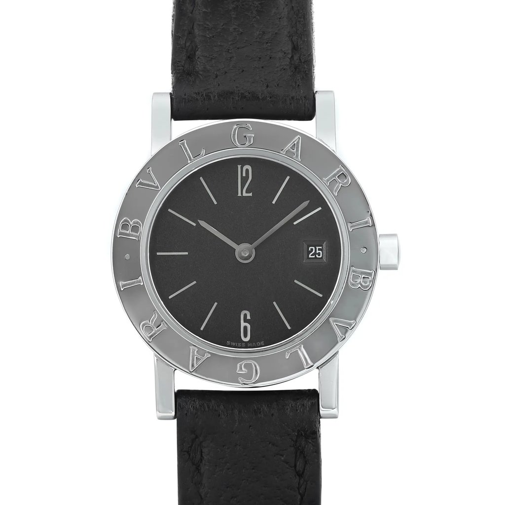 An image of a pre-owned Bvlgari women's wristwatch, taken from a straight-on angle at close range. The watch features a black leather strap and a round black dial with silver-tone hour markers and hands. The bezel displays the Bvlgari logo, and there is a date indicator at the three o'clock position.