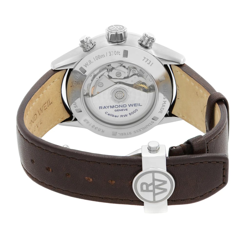 Back View Of Exhibition Back Case And Closed Leather Band Of RAYMOND WEIL 7731-SC2-65655 Watch Display Model Condition