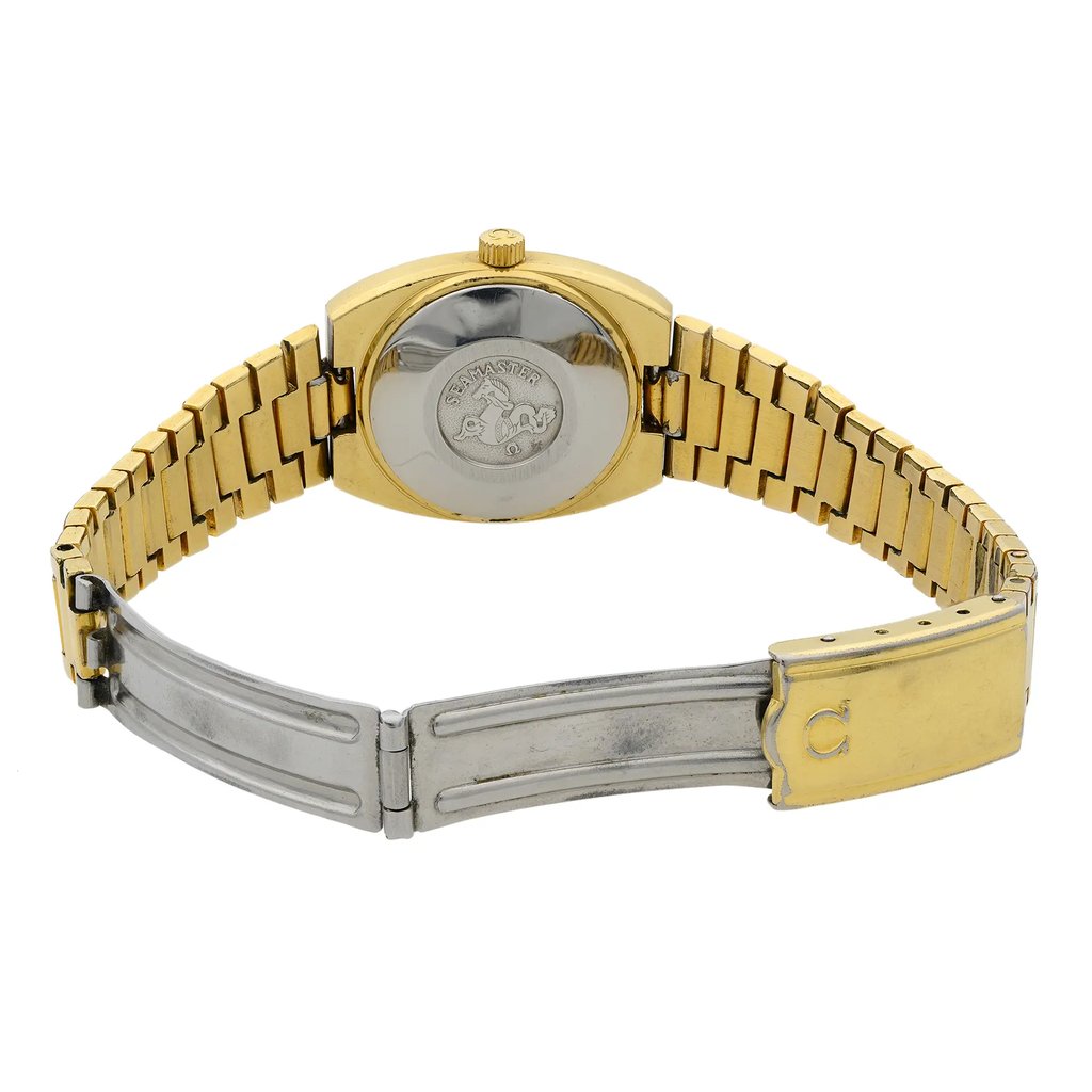 Back View Of {Caseback} Back Case And Open Gold Plated Band Of OMEGA 566.00.88 Watch Pre Owned Condition