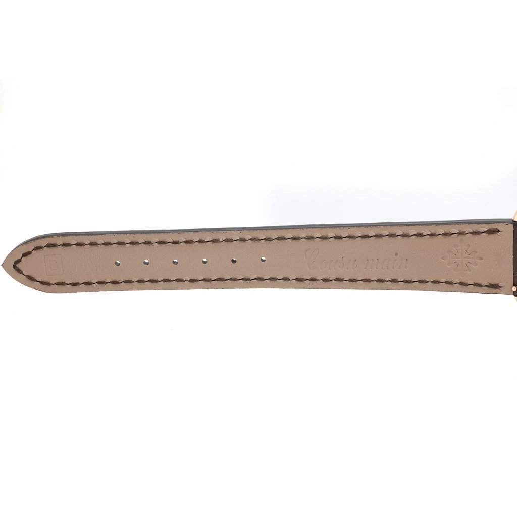 Back View Of Exhibition Back Case And Open Leather Band Of Patek Philippe 5123R-001 Watch Pre Owned Condition