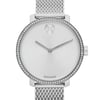 An image of a Wristwatch by Movado. This Pre Owned item is designed for Women, featuring a Casual style. It has a Quartz movement and an Analog display with a Silver dial color. The indices include 12-Hour Dial,Non-Numeric Hour Marks. The band is made of Stainless Steel and the case is made of Stainless Steel. The watch has a Round shape with a case size of 34 mm and a case thickness of 8 mm.